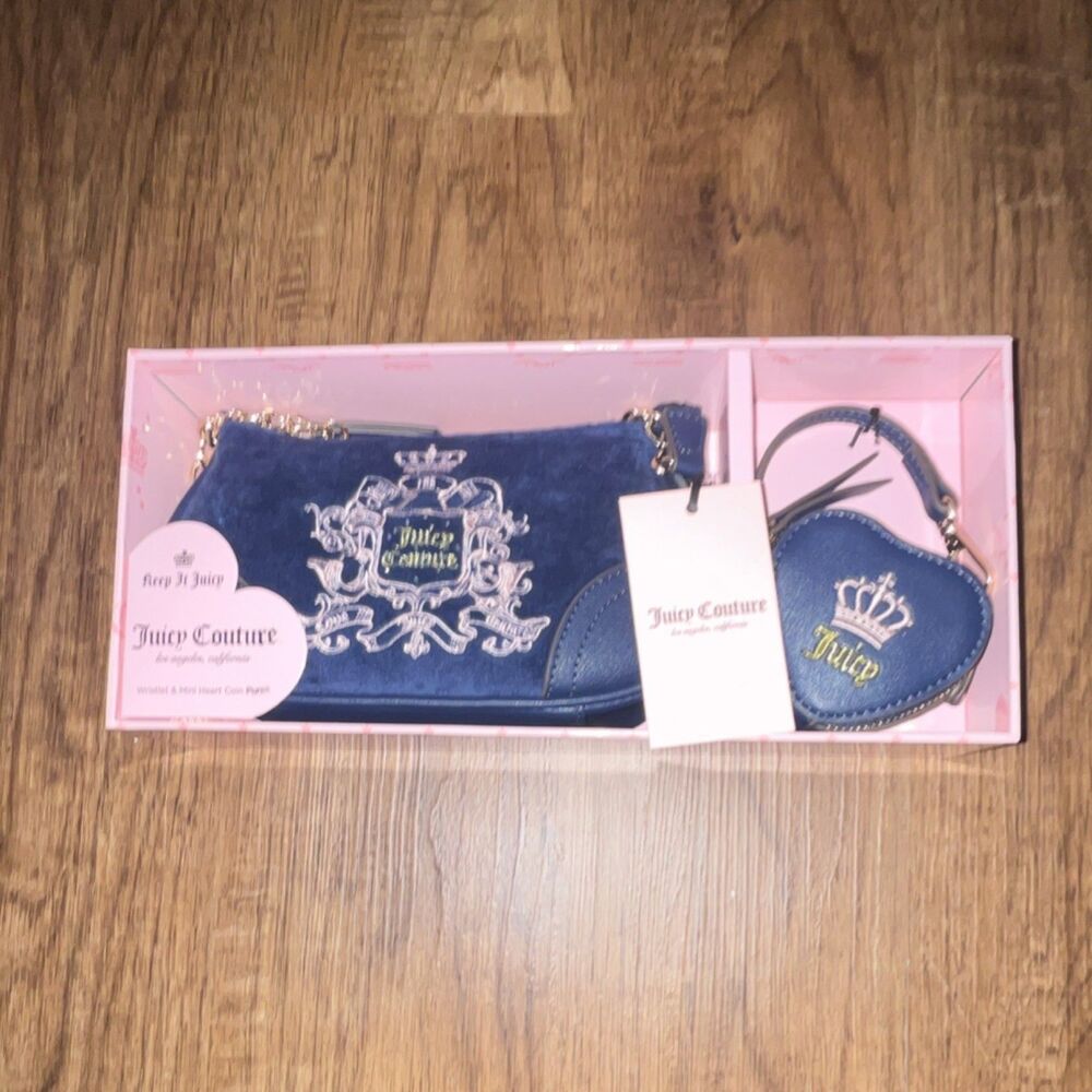 Juicy Couture Blue Wristlet & Heart Coin Purse Set with Embroidery and Logo